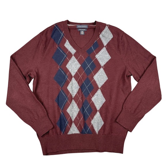 Banana Republic Other - Banana Republic Sweater Mens L Burgundy Argyle Extra Fine Merino Wool V-Neck